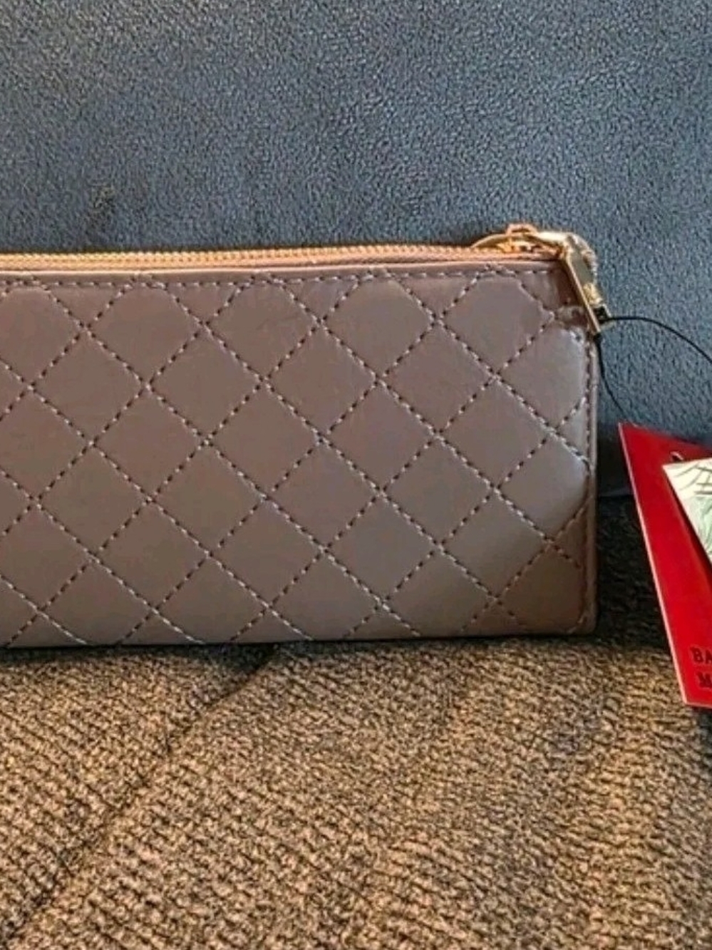 Badgley Mischka Quilted Zip Wallet in Lavender Gray with Gold Emblem - Picture 4 of 6